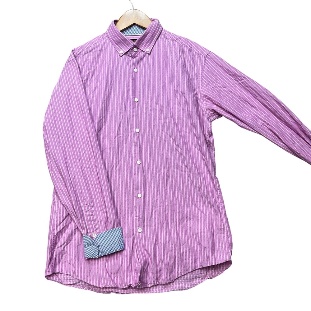 Ben Sherman Button Down Shirt Mens Medium Purple Long Sleeve Striped Flap Pocket